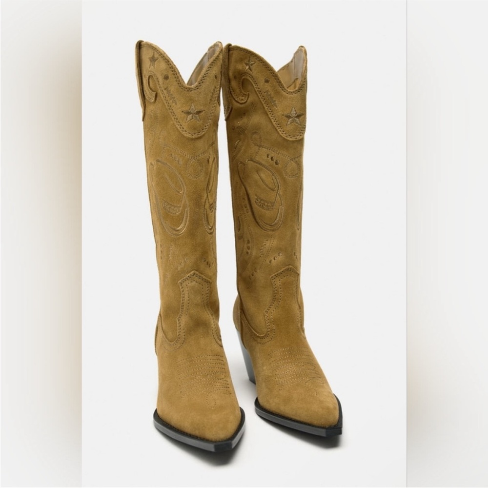 Zara 100% Sueded Leather western embroidered brown cowboy cowgirl boots sz.7.5